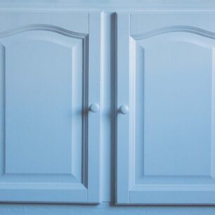 View at blue locker doors. Front view